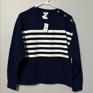 J. Crew: Navy and White Striped Sweatshirt with Gold Buttons. Med. NWT.